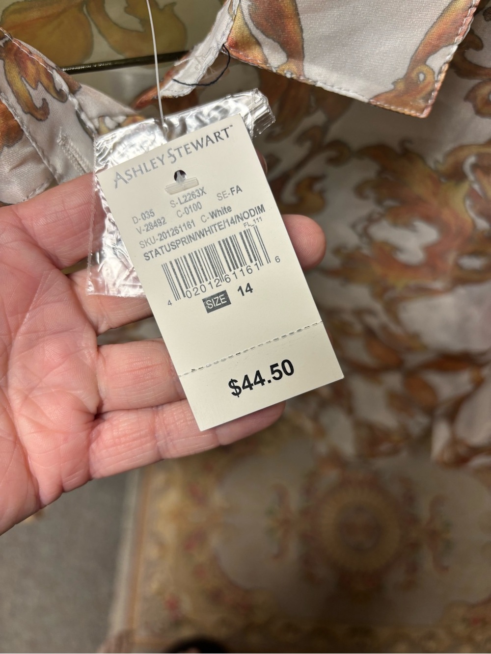 Ashley Stewart Sheer Button-Up Blouse — White with Gold-Tan Print - Picture 3 of 5